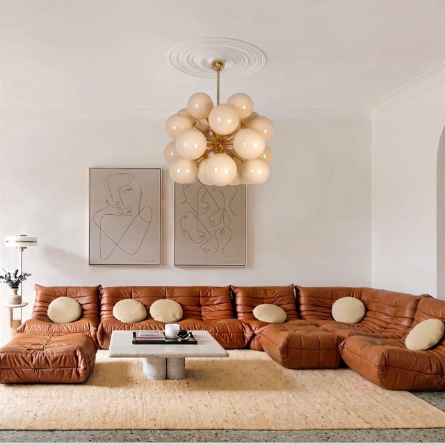 Very large Mid-Century Modern Beige Murano globes Sputnik chandelier, Italy circa 1990s. A pair available - two...
