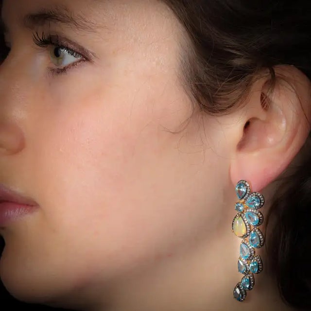 Contemporary Pair of Blue Topaz Diamond and Opal Dangle Earrings For Sale - Image 3 of 4