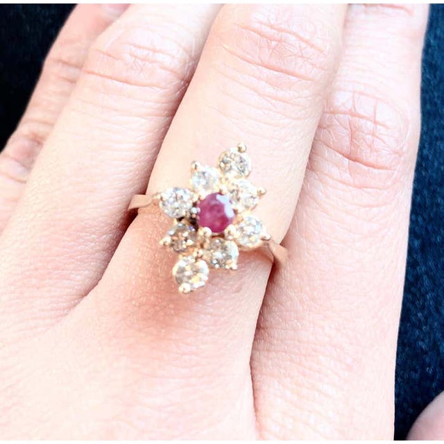 14 Karat Yellow Gold Ruby Center Framed in Diamonds Ring For Sale - Image 9 of 10