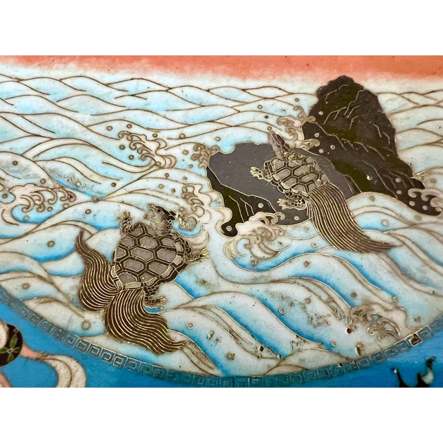 Metal Antique Japanese Meiji Period Cloisonne Charger With Shishi Lion Dogs and Turtle With Hairy Tails For Sale - Image 7 of 12