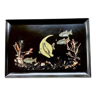 Vintage Couroc of Monterey Undersea Fish Serving Tray – Hand Inlaid Shell & Coral Scene For Sale