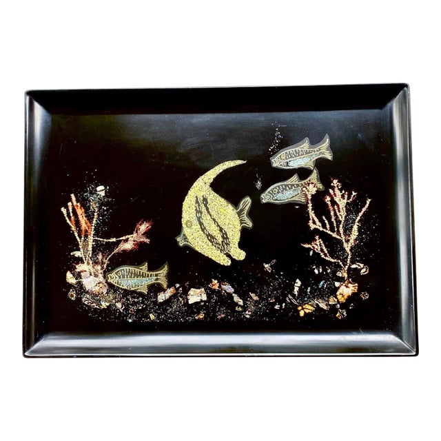 Vintage Couroc of Monterey Undersea Fish Serving Tray – Hand Inlaid Shell & Coral Scene For Sale