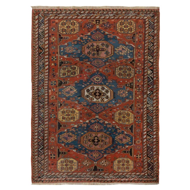 Hand-Knotted Antique Russian Soumak Rug in Red, Blue, Medallion All Over Pattern For Sale In New York - Image 6 of 6