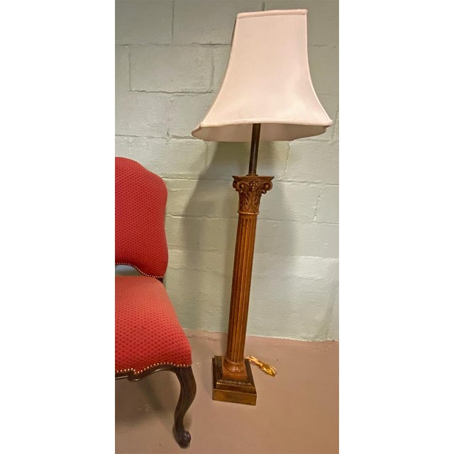Maitland - Smith Maitland Smith Attributed Wood and Brass Floor Lamp With Linen Shade For Sale - Image 4 of 7