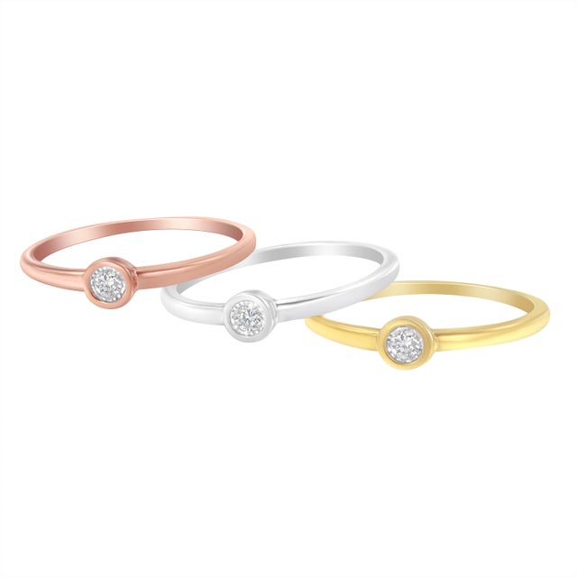Contemporary Tri-Color 14K Gold Plated .925 Sterling Silver 1/6 Cttw Round Miracle-Set Diamond Stacking Promise Ring Set (J-K Color, I1-I2 Clarity) - Size 7 For Sale - Image 3 of 5