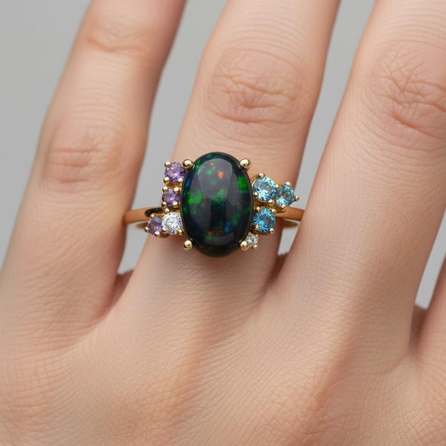 Modern Black Opal Multicolor Ring in 14k Gold, Size 7.5 For Sale - Image 3 of 9