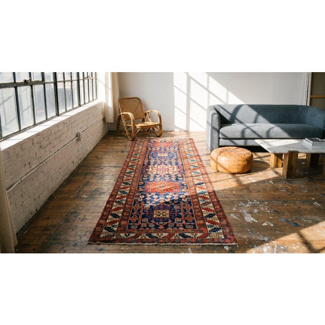 1900s Blue Navy Geometric Antique Nw Persian Rug 3.08 X 10.04 Handknotted Wool Carpet For Sale In New York - Image 6 of 8