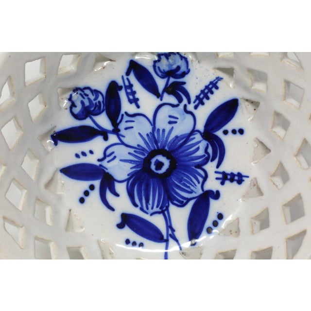 Blue Vintage Ceramic Basket-Weave Bowl With Blue Flower For Sale - Image 8 of 11