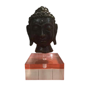 Antique Burmese Bronze Buddha Head with Acrylic Glass Base, 1900s