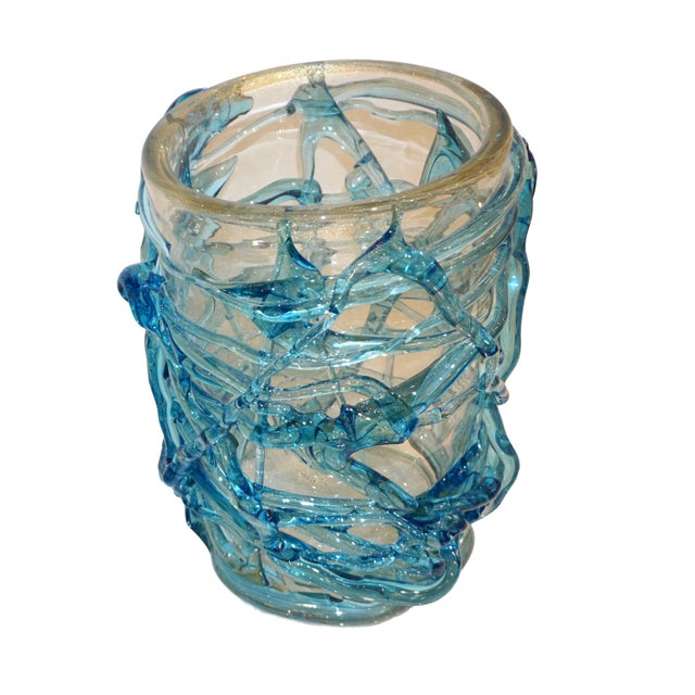 Italian 2000 Cenedese Italian Modern Aqua Blue 24 Kt Gold Murano Glass Art Vase For Sale - Image 3 of 8