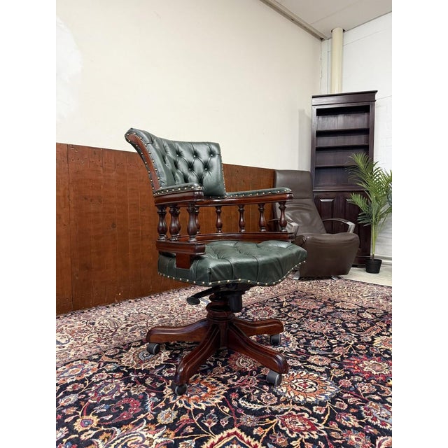 Wood English Chesterfield Desk Chair Green For Sale - Image 7 of 8