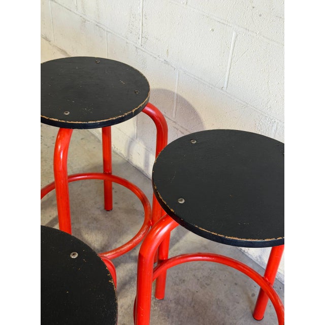 Mid 20th Century Set of 6 Red Plywood Bar Stools With Metal Frames Mid-Century Modern For Sale - Image 5 of 9
