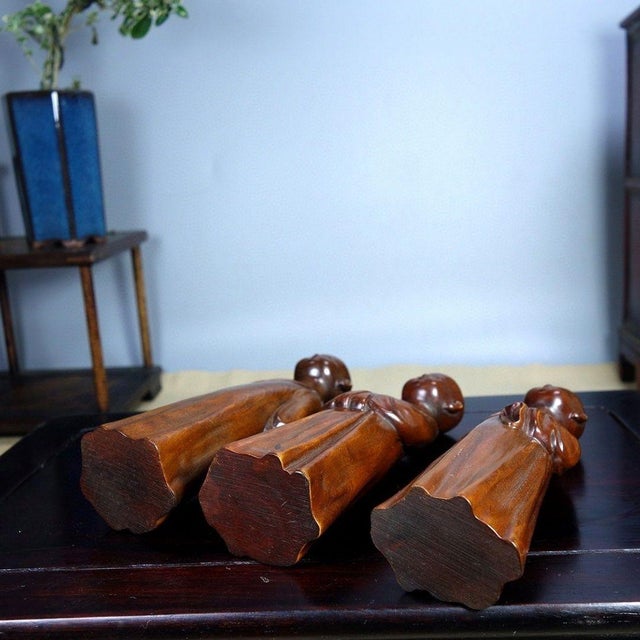 Brown Set of 3 Vintage Chinese Boxwood Carved Monk Figures – "Zen Mind" (Chan Xin) Statues For Sale - Image 8 of 9