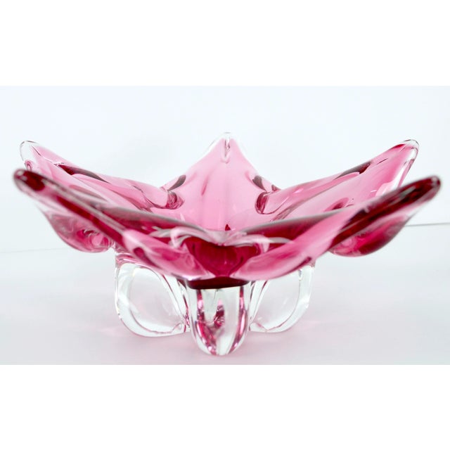 Josef Hospodka Chribska Glassworks, Czech Pink Star Flower Footed Glass Dish For Sale - Image 9 of 9