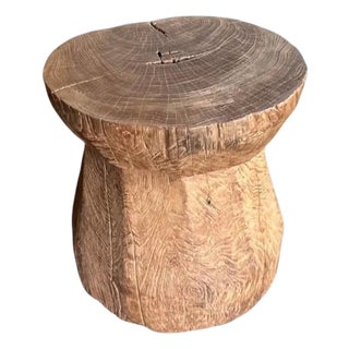 1970s Aged Javanese Teak Wood Side Table – Sculptural Organic Pedestal For Sale