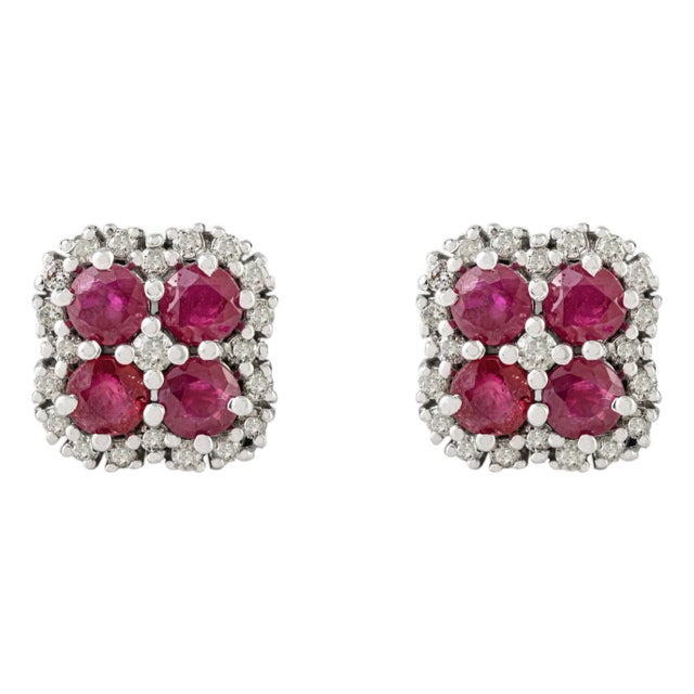 Cluster Design 925 Silver Ruby & Halo Diamond Stud Earrings by Carat&Her- A Pair For Sale