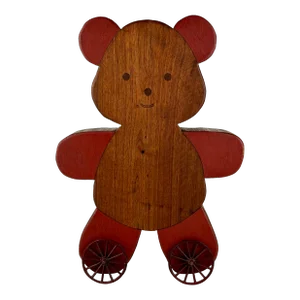 Large Vintage Solid Wood Teddybear on Metal Wheels, Signed "Hoover"