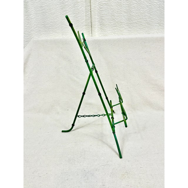 Wonderful vintage tabletop easel/plate stand. Made of metal to look like bamboo. Green and dark brown/black coloring....