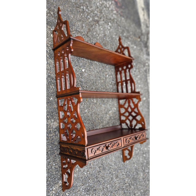 Late 20th Century Chinese Chippendale Mahogany Two Drawer Hanging Wall Shelf For Sale - Image 5 of 12
