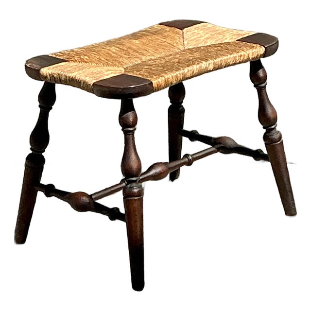 Vintage Rush Seat Turned Wood Low Stool For Sale