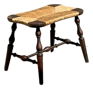 Vintage Rush Seat Turned Wood Low Stool