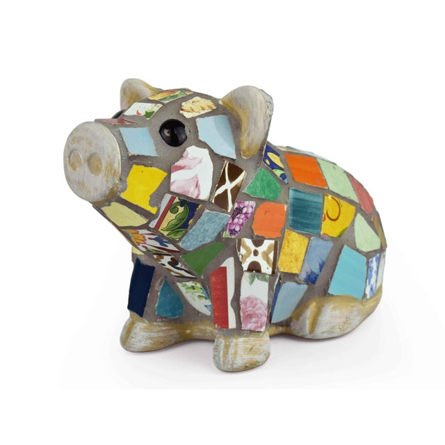 Handcrafted Multicore Reclaimed Ceramic Pieces Mosaic Pig Garden Outdoor Figurine For Sale - Image 4 of 12