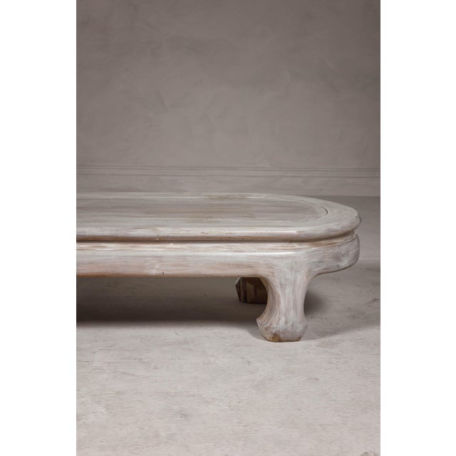 Teak Wood Vintage Whitewash Low Coffee table with Oval Top and Carved Legs For Sale - Image 12 of 12