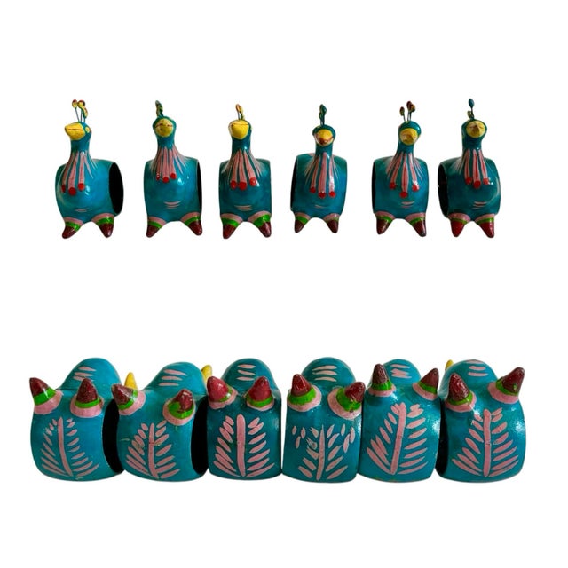 Wood Vintage Mid 20th Century Handmade Folk Art Bird Napkin Rings - Set of 6 For Sale - Image 7 of 9