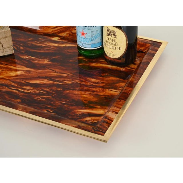 Rectangular Tortoiseshell Effect Acrylic Glass and Brass Serving Tray from Dior, Italy, 1970s For Sale - Image 9 of 13