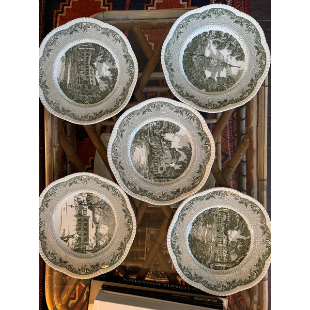 Vintage Wedgwood set of dinner plates The green transferware scene is from Dartmouth College, "The President's House" or...