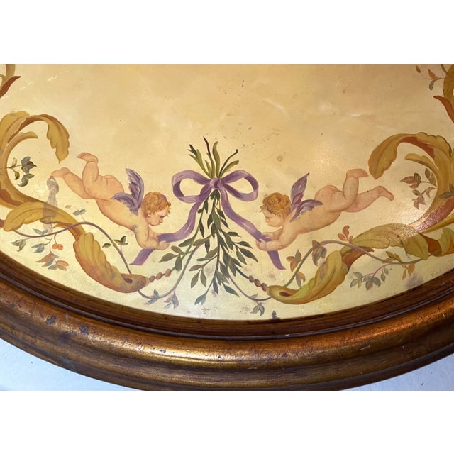 1970s Pair of 2 Large Vintage Oval Original Hand Painted Oil Painting Cherub Frescos For Sale - Image 5 of 15