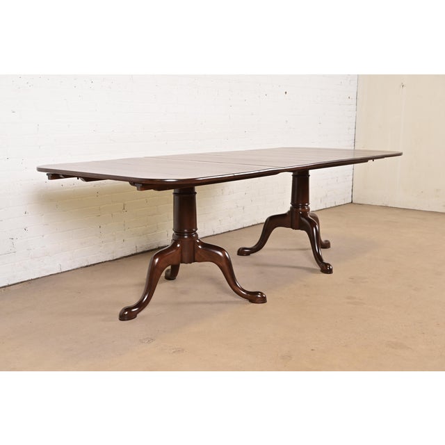 Baker Furniture Style Georgian Monumental Solid Cherry Wood Double Pedestal Extension Dining Table, Newly Refinished For Sale - Image 9 of 14