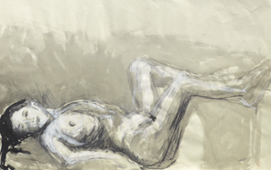 Modern Nude Art Drawing in Ink and Pastel on Paper by Martha Holden