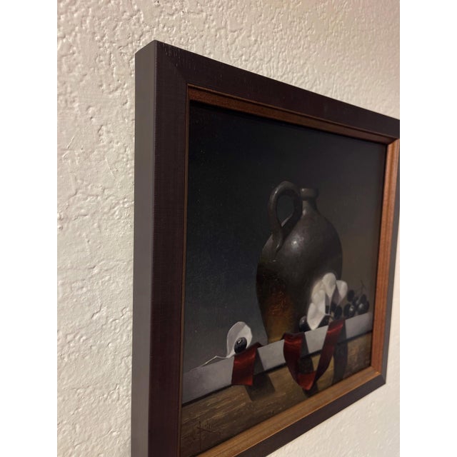 Contemporary Dust & Scarlet by Blair Atherholt | Oil on Panel Still life with a jug, grapes, and fabric ribbons. For Sale - Image 3 of 5