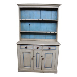 19th Century Welsh Painted Pine Cupboard Hutch With Plate Rack For Sale