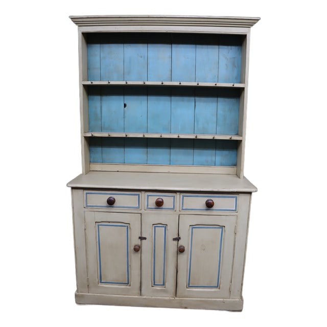 19th Century Welsh Painted Pine Cupboard Hutch With Plate Rack For Sale