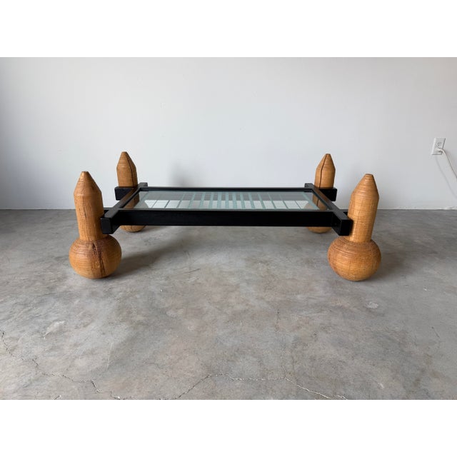 1980s Italian Postmodern Sculptural Turned Wood & Glass Two-Tier Rectangular Coffee Table For Sale - Image 9 of 17