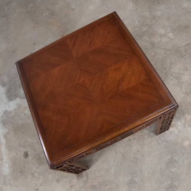 Vintage Modern Square Lane End or Side Table With Carved Leg Design & Chevron Veneer Top For Sale - Image 9 of 13