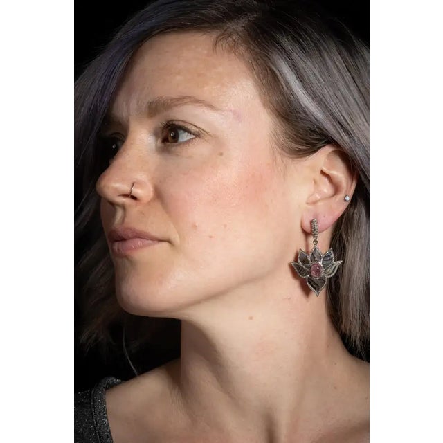Pair of Abalone, Diamonds and Pink Tourmaline Dangle Drop Earrings For Sale - Image 4 of 4