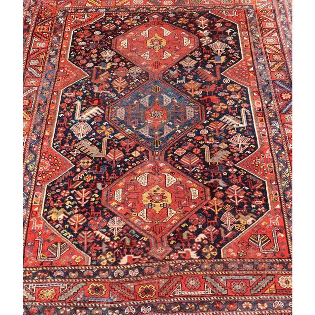 Tribal Antique Hand Knotted Persian Qashqai Shiraz Tribal Rug With Tribal Design 5'1 X 6'2 For Sale - Image 3 of 14