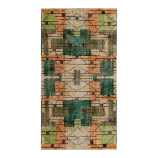 Vintage 1960s Art Deco Rug in Beige With Orange, Green, Black Geometric Pattern For Sale