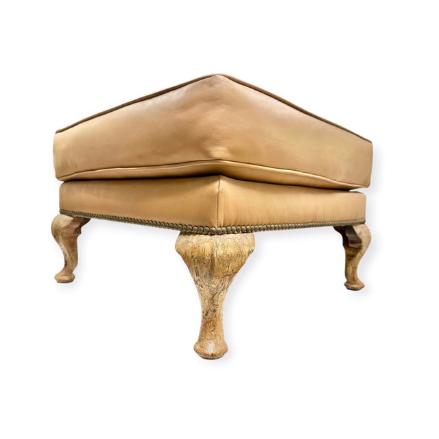 Custom Camel Leather Ottoman With Queen Anne Sculptural Legs by Danny Cannon Custom Upholstery For Sale In Los Angeles - Image 6 of 6