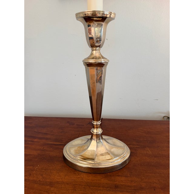 Pair of Silver Plate Candlestick Buffet Table Lamps For Sale - Image 10 of 12
