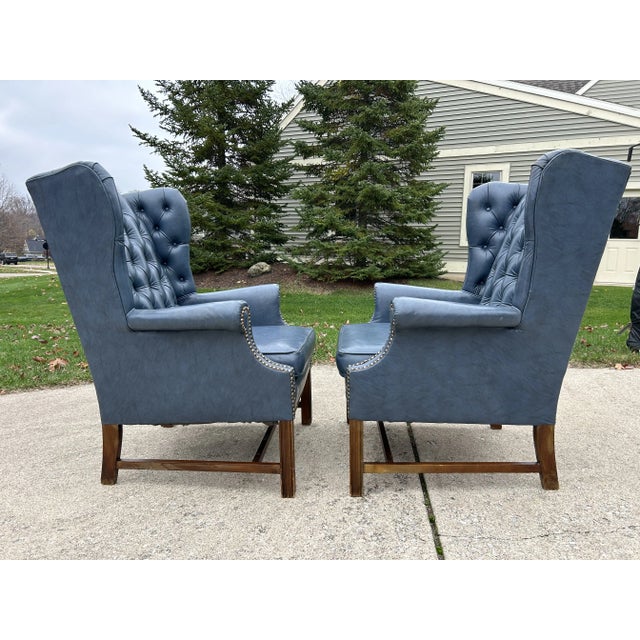 Mid-Century Chesterfield Wingback Chairs, a Pair - Tufted Blue Faux Leather With Nailhead Detailing For Sale - Image 4 of 11