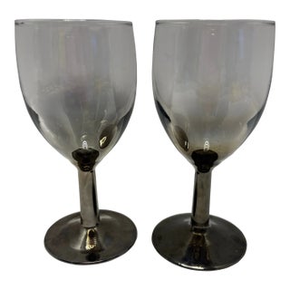 Vintage French Smoked Glass Wine Goblets | Unmarked Mid Century Modern Gray Stemware | Set of Two | Sherry Cordial Aperitif For Sale