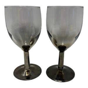Vintage French Smoked Glass Wine Goblets | Unmarked Mid Century Modern Gray Stemware | Set of Two | Sherry Cordial Aperitif