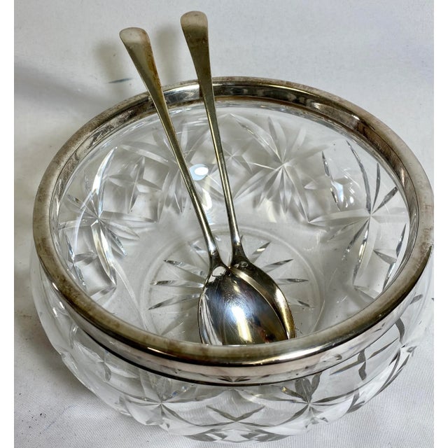 Transparent Vintage Cut Glass Salad Bowl With Silver Plate Rim and Silver Plate Salad Servers From England For Sale - Image 8 of 12
