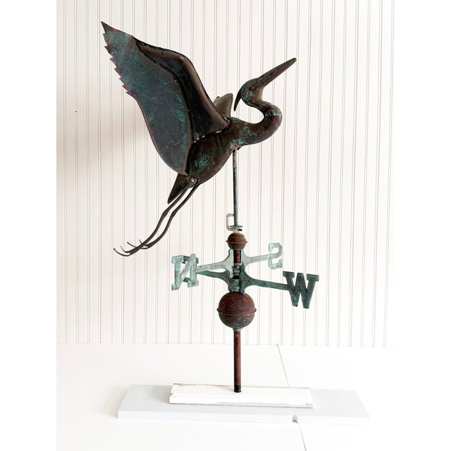 Verdigris Antique American Patinated Copper Full-Bodied Heron Directional Weathervane For Sale - Image 8 of 11