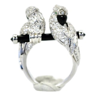 18k Gold Double Parrot Cocktail Ring With Diamonds and Onyx, France, Size 6.5 For Sale