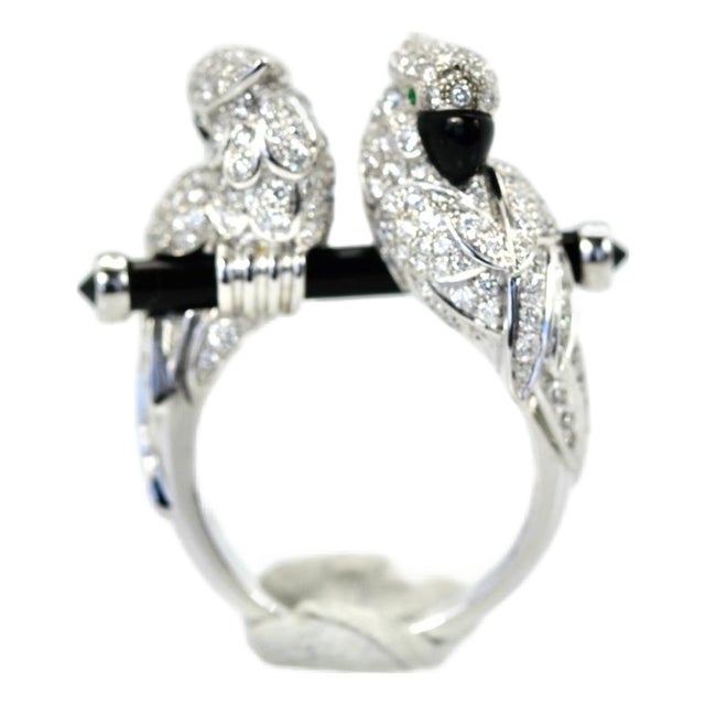 18k Gold Double Parrot Cocktail Ring With Diamonds and Onyx, France, Size 6.5 For Sale